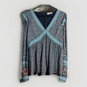 In Loom Sz MED Blue Floral Bias Babydoll Shirt Balloon Flutter Sleeve Top V Neck